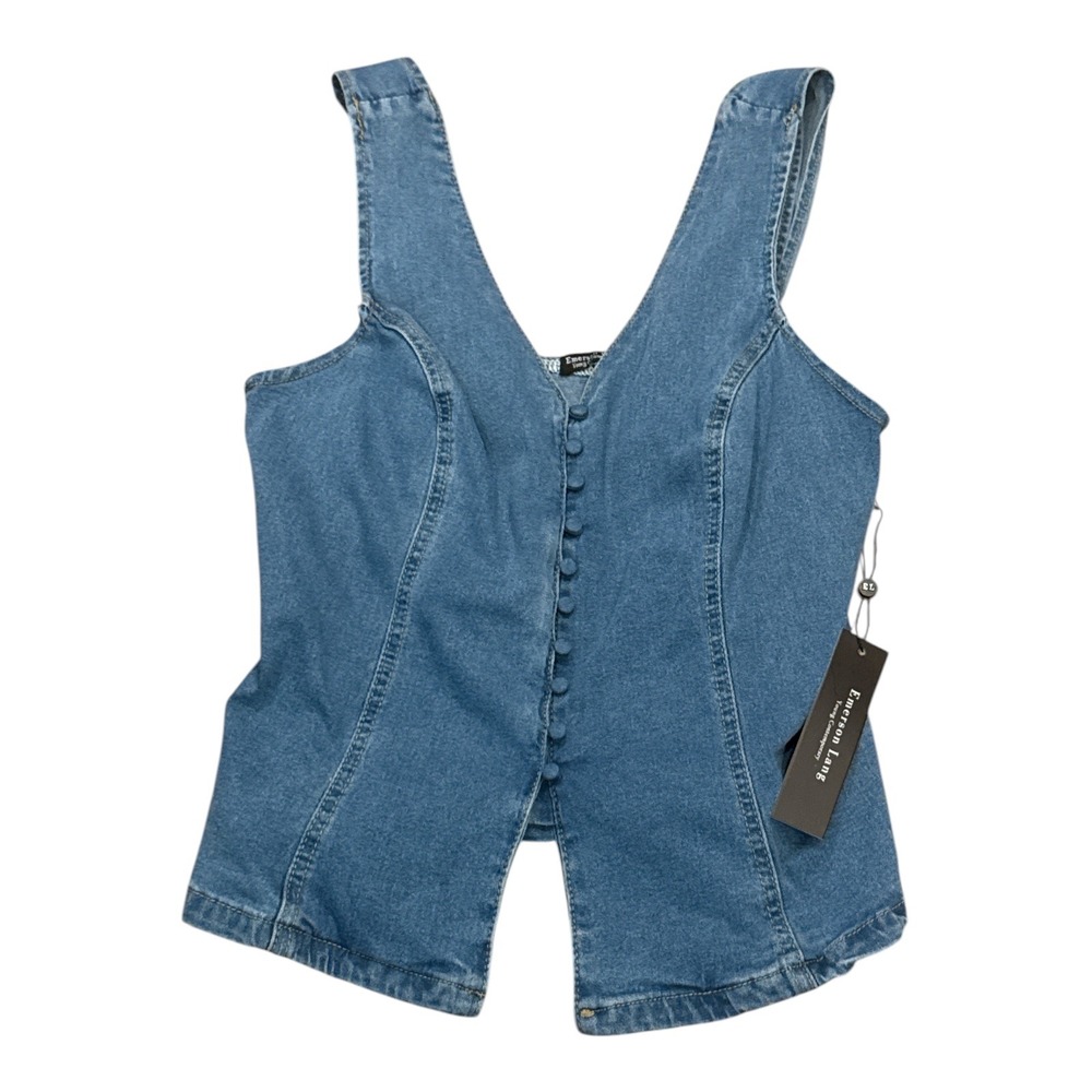 Emerson Lang Sleeveless Denim Button Top Medium Wash Large V-Neck Y2K NEW